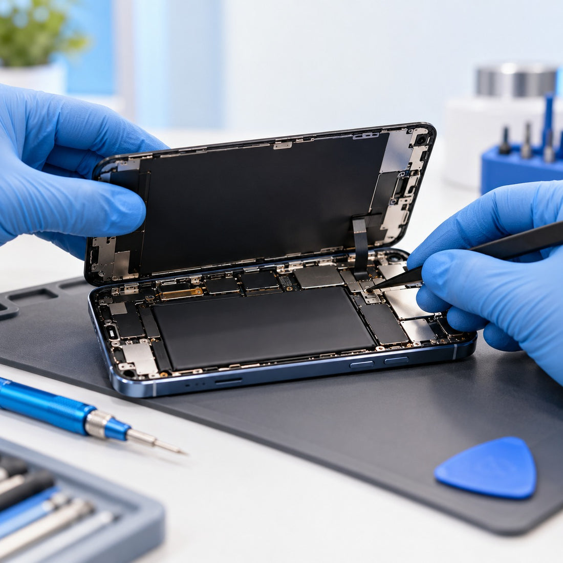 Een geopende smartphone tijdens een schermreparatie